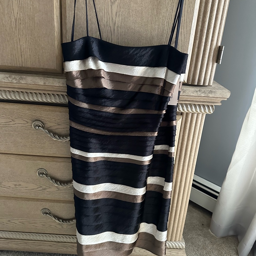 Elegant Striped Black and Brown Dress